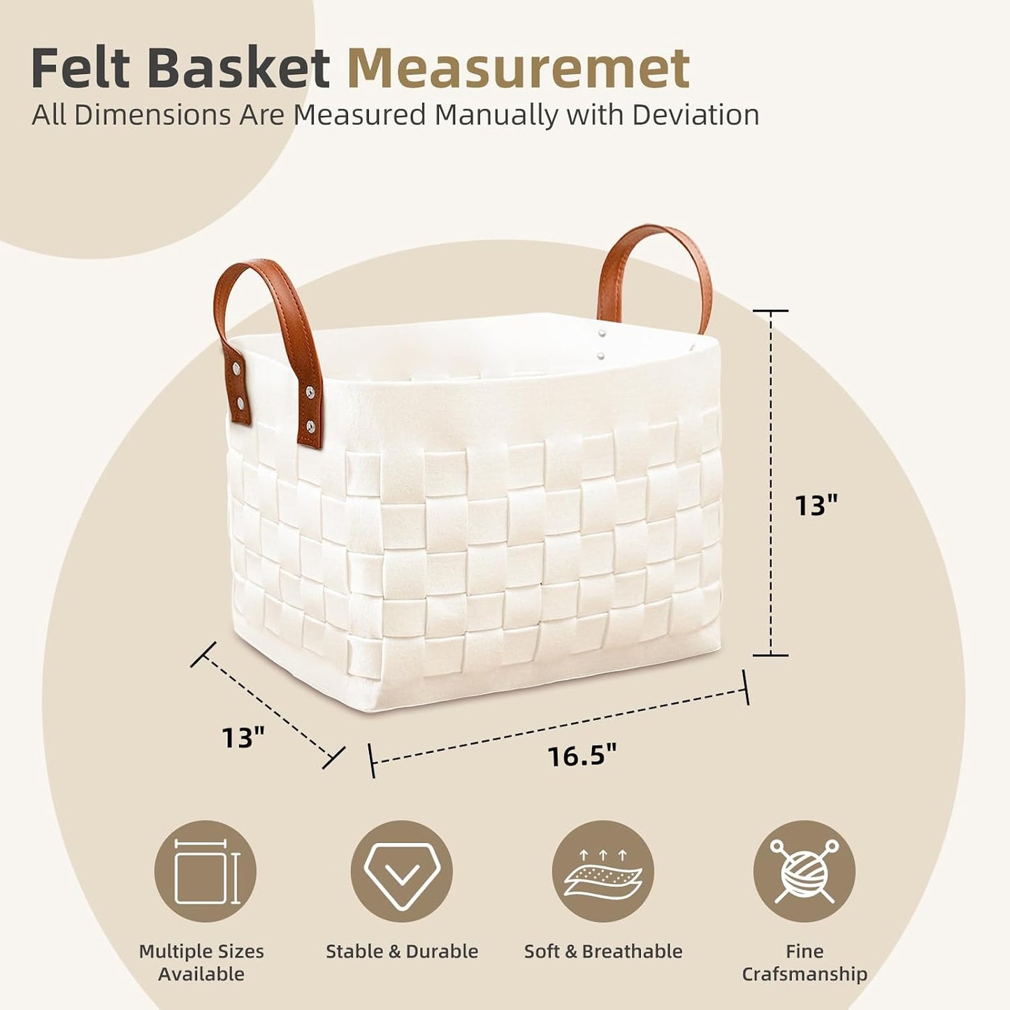 boldmonkey Blankets Basket 16.5 " x13 x13 , Large Rectangular Laundry Hamper with Leather Handle, Soft Dog Toy Basket for Storage-Beige