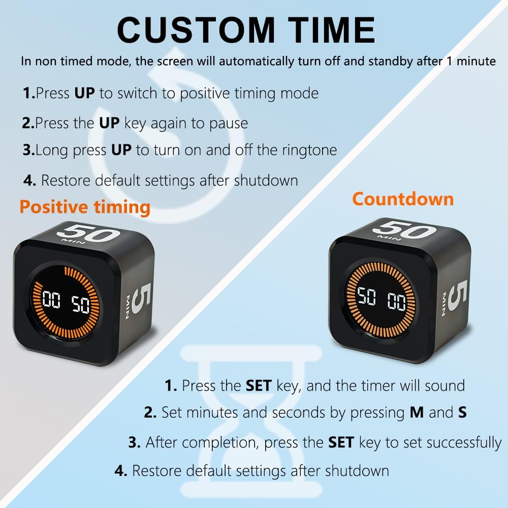 Visual Rotating Timer with 5, 10, 25 50 Minutes Preset, Desk Cube Count Down/up Timer, Rechargeable Custom-time Mute/Sound, Ideal for ADHD Work Learning Kitchen, Black