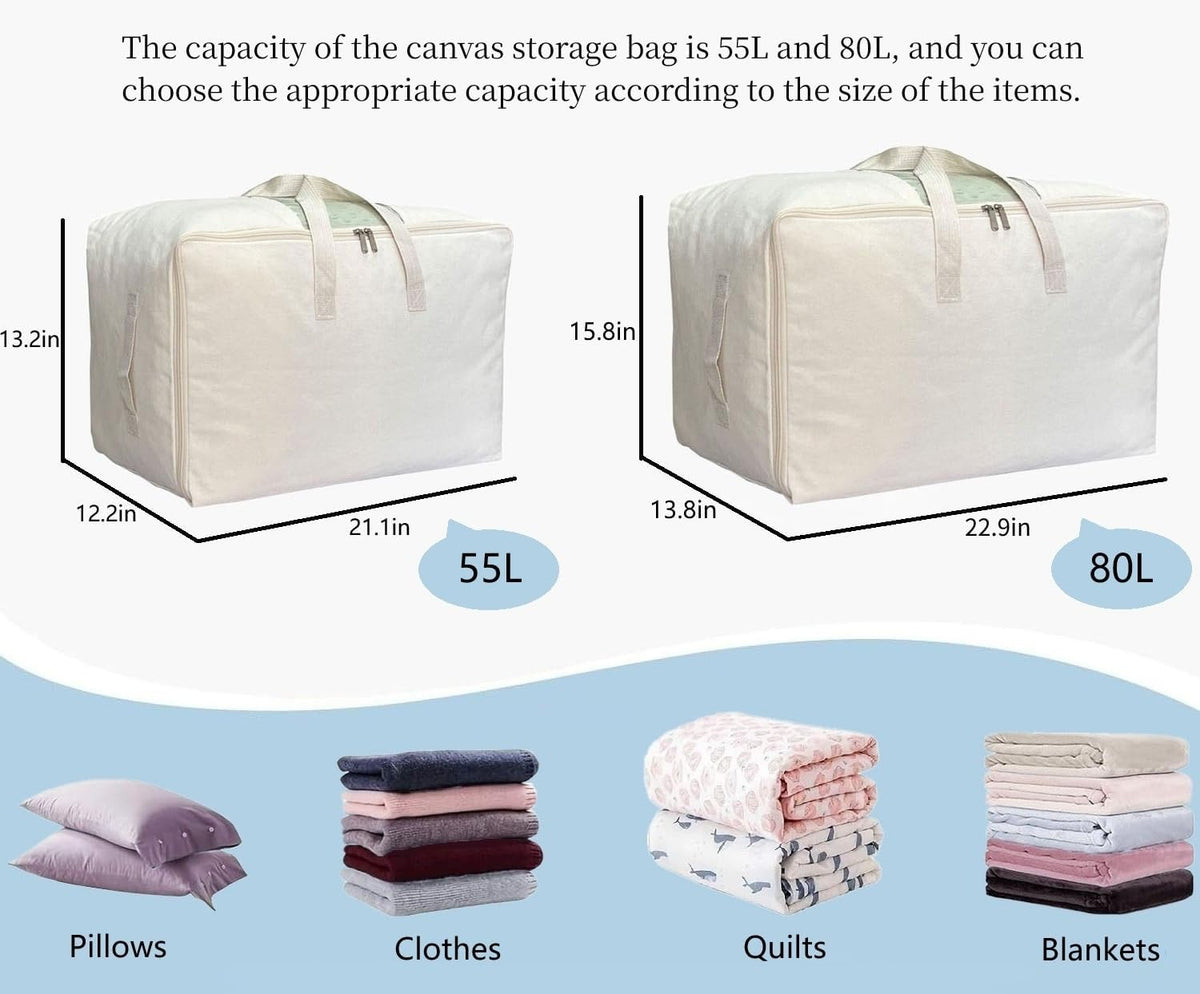 DoYiKe Soft Large Canvas Comforter Storage Bags with Four Carrying Handles and Clear Window, Closet Organizer for Clothing, Blankets Sheets Pillows and Bedding, 80L, 4 Pack, White