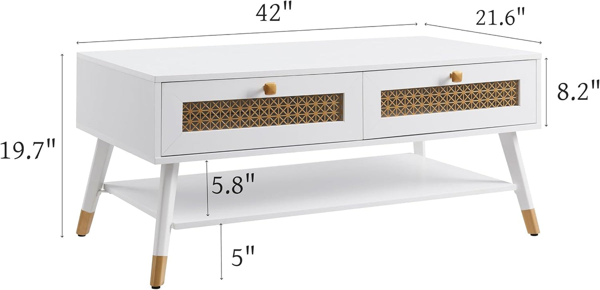 Wooden Mid Century Modern Coffee Table, Retangle Accent Center Table with Two Drawers, Coffee Tables for Living Room, White