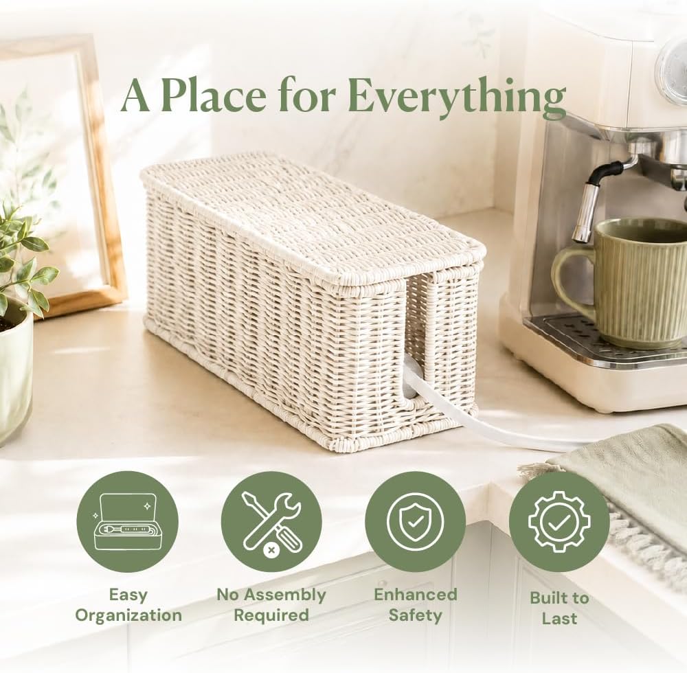 Cable Management Box, Handmade Rattan Cord Organizer for Power Strip | Open Slots Cord Hider for Power Strip, Router & USB Hub, Registered U.S. Design Patent