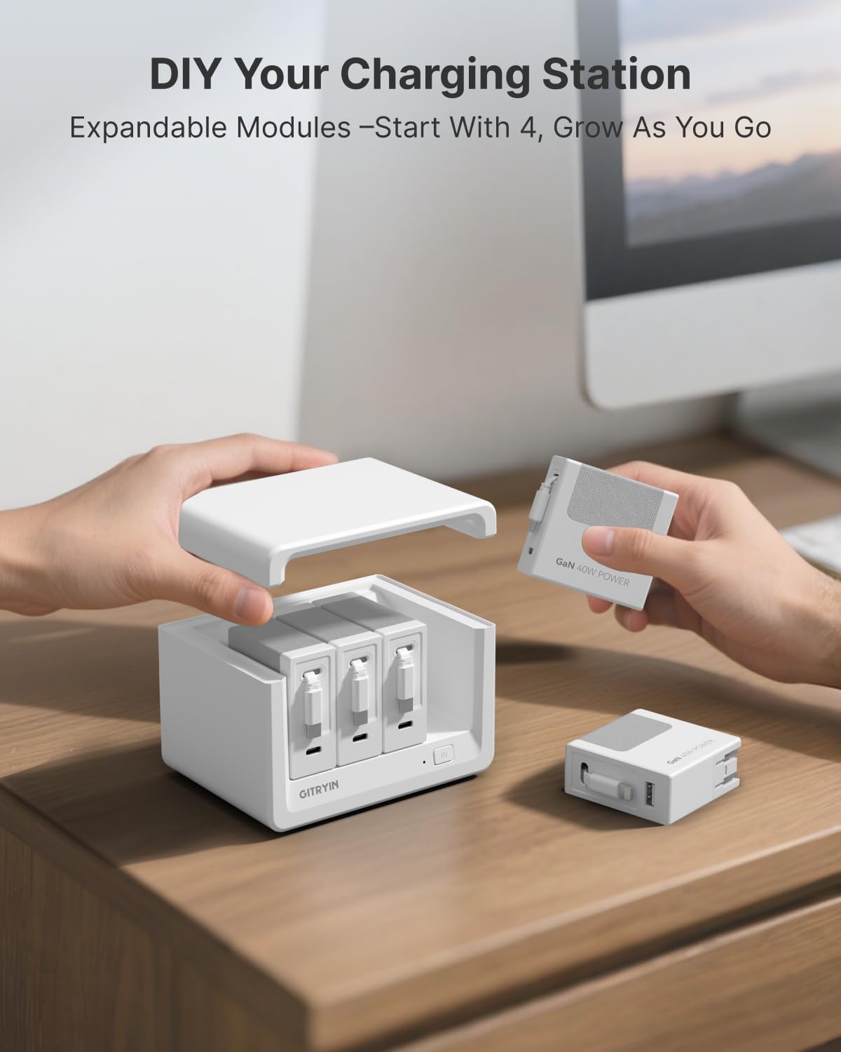 Gitryin 12-in-1 Desktop Charging Station with 3 Retractable Type-C Chargers and 1 Lightning Charger, 160W USB-C Charging Hub with 33.5in Cable, 4 AC, 1 USB A Port, 3 USB C Ports, White