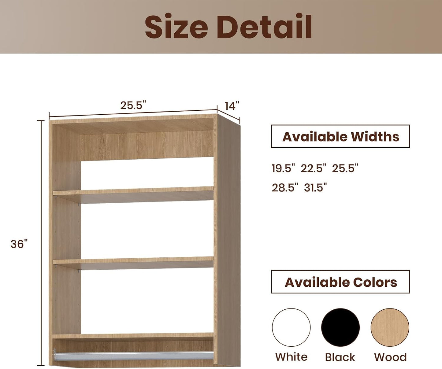 ROOMTEC 25.5" Medium Hanging Closet Unit, Modular Closet System with Hanging Rod, Wardrobe Organizer for Bedroom or Walk-in Closet, Wall Mounted, Customizable Clothes Storage Unit, Wood