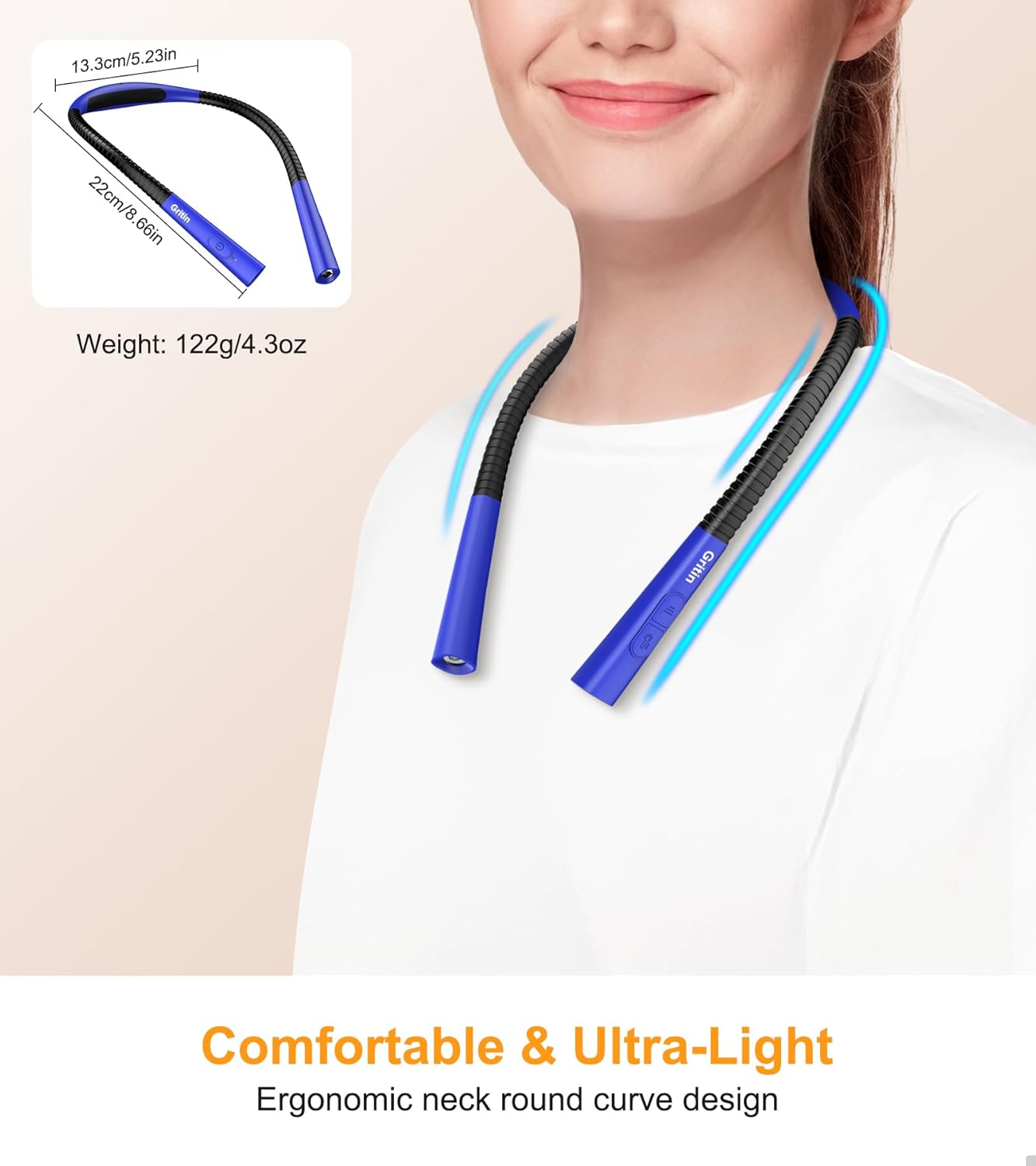 Gritin Book Light, Eye Caring 4-Color & 5-Brightness Neck Light Reading Light- Stepless Dimming,30-min Timer,80+ Hrs Runtime,Bendable Round Neck Design, Lightweight for Reading-Dark Blue
