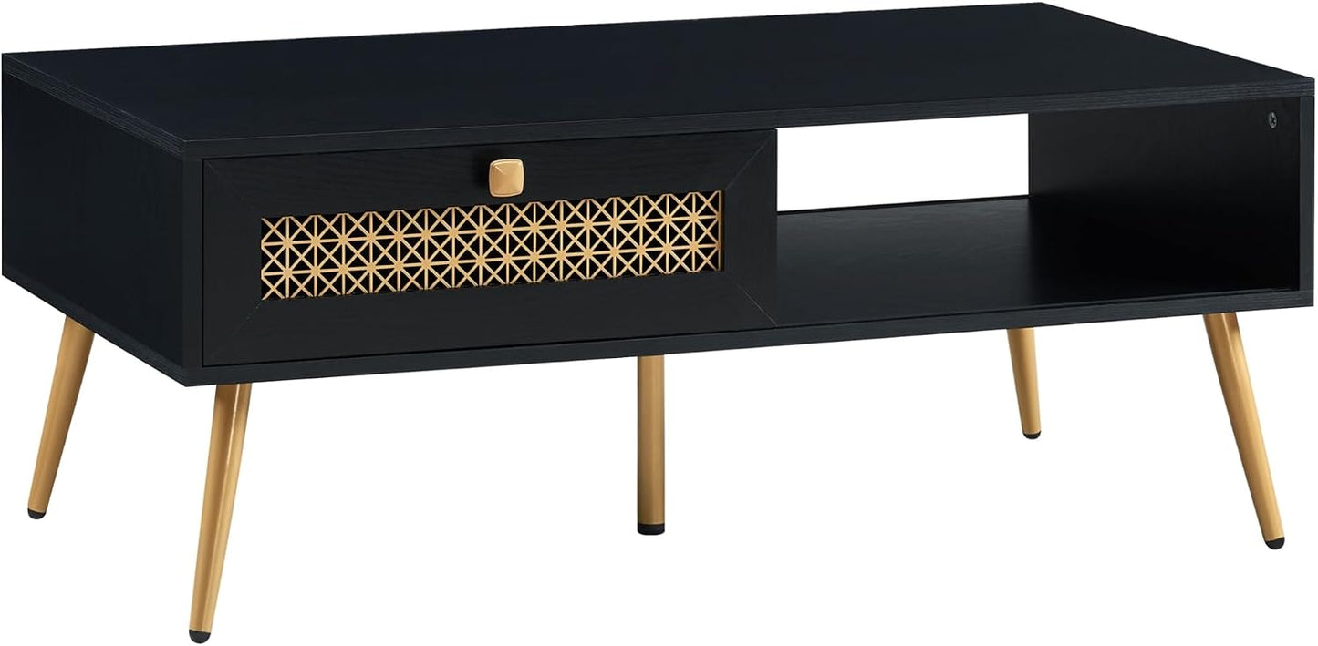 Wooden Mid Century Modern Coffee Table, Retangle Coffee Table with Sliding Door for Living Room, Black