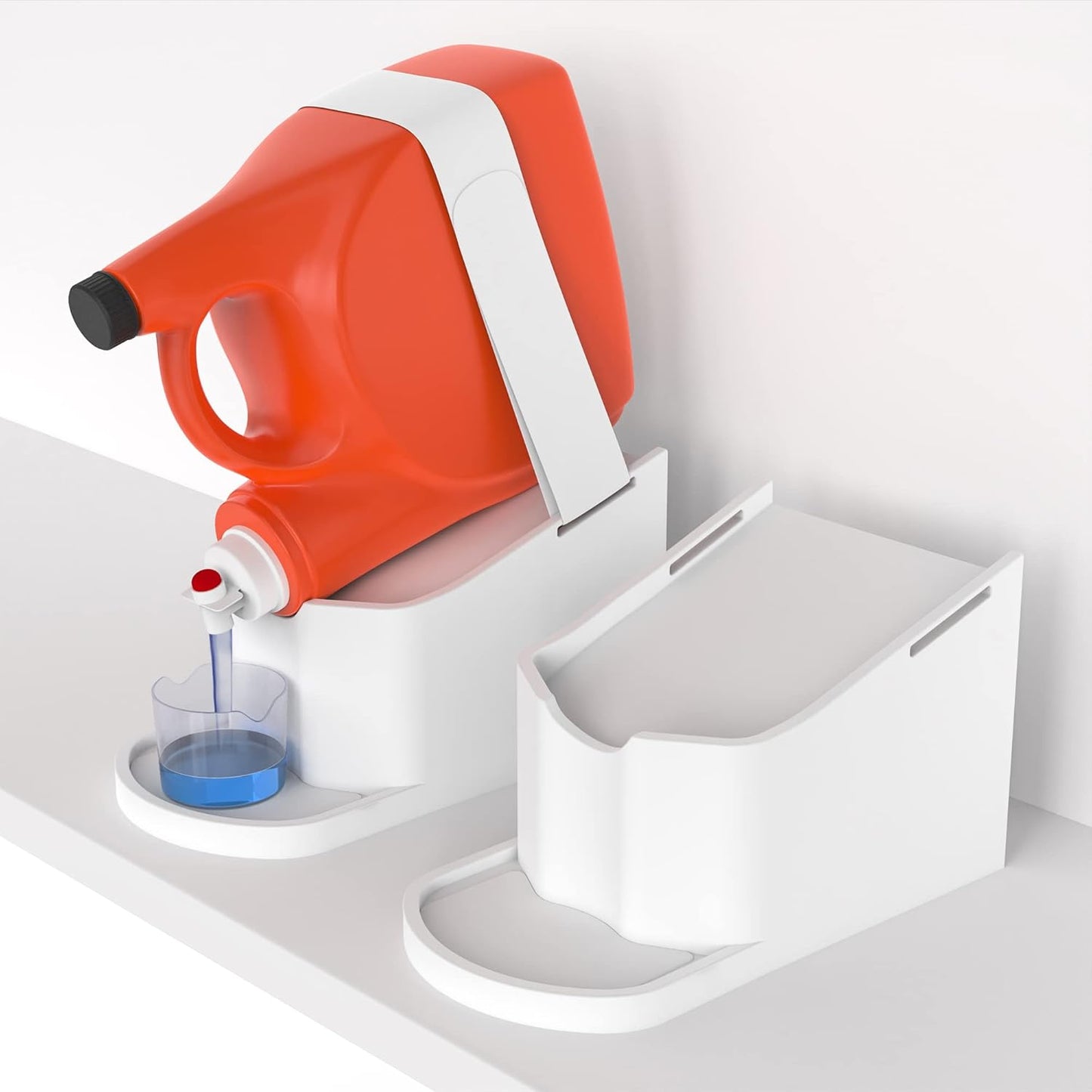IMPRESA Laundry Detergent Stand - 2-Pack, White Drip Catcher & Liner, Laundry Detergent Storage - Hook & Loop Strap & Secure Grip Feet, Room Organization