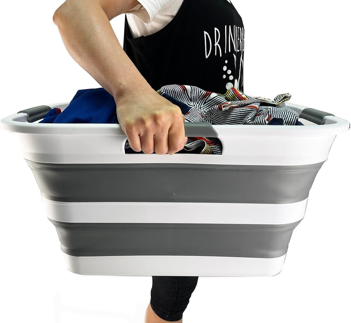 SAMMART 30L (8 gallons) Collapsible Plastic Laundry Washing Tub/Basket - Portable Laundry Hamper/Storage Container Foldable Laundry Basket - Space Saving (White/Steel Grey (Set of 2))
