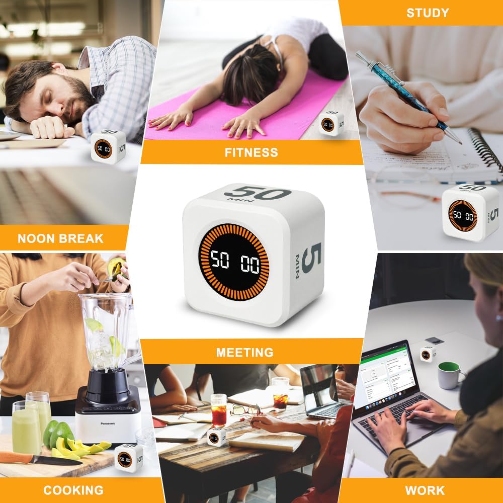 Visual Rotating Timer with 5, 10, 25 50 Minutes Preset, Desk Cube Count Down/up Timer, Rechargeable Custom-time Mute/Sound, Ideal for ADHD Work Learning Kitchen, White
