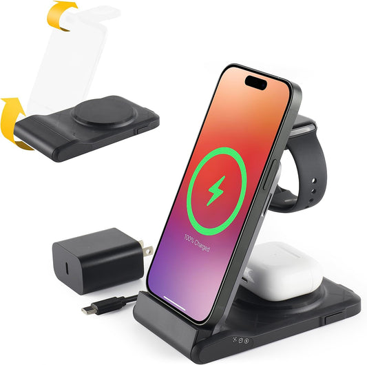 3 in 1 Charging Station for Multiple Devices,Travel Wireless Charging Station, Foldable Charger for iPhone 17 Air 16 15 14 13 12 Series,& Android Phone,& iWatch (USB-C Adapter Included)