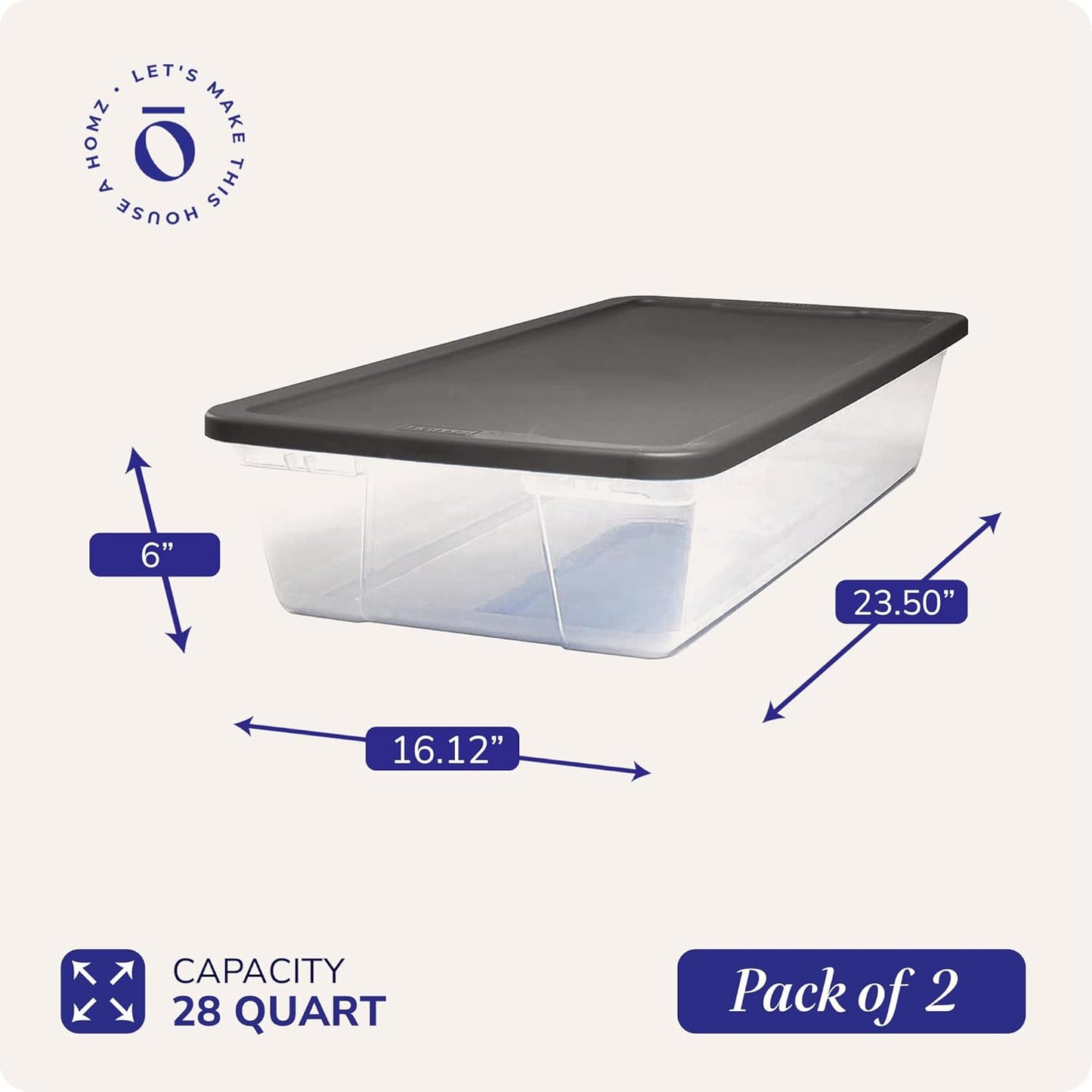 HOMZ 2-Pack Snaplock, Small Clear Plastic Storage Organizer Bins w/ Lids, 28 Quart, Gray - Stackable Container Boxes for Bedroom, Bathroom, Garage, and Office Organization