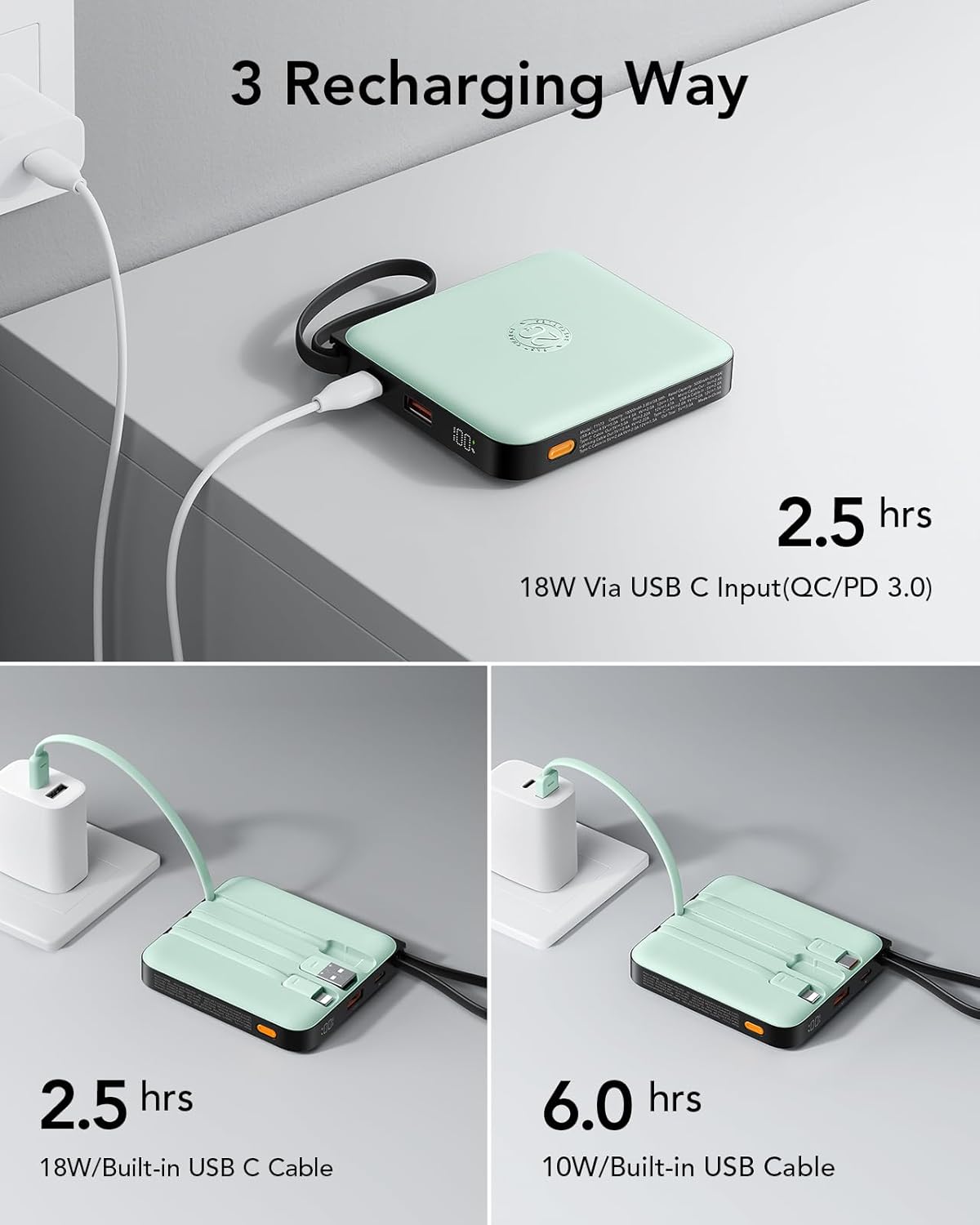 VRURC Portable Charger with Built-in Cable, 10000mAh 22.5W Fast Charging USB C Battery Pack, Cell Phone Power Bank for iPhone 17 16 15 Series Android Tablet (Green)