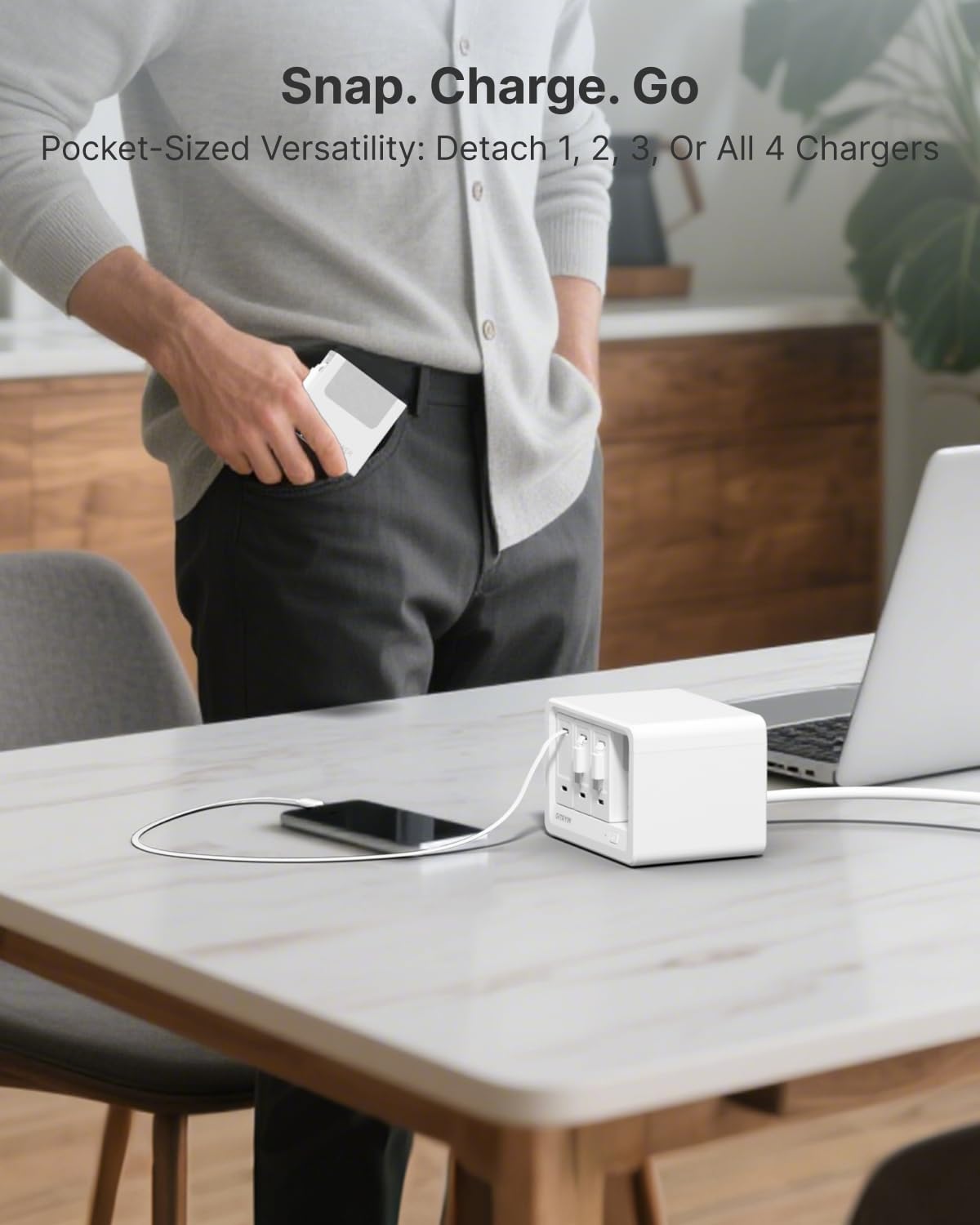Gitryin 12-in-1 Desktop Charging Station with 3 Retractable Type-C Chargers and 1 Lightning Charger, 160W USB-C Charging Hub with 33.5in Cable, 4 AC, 1 USB A Port, 3 USB C Ports, White
