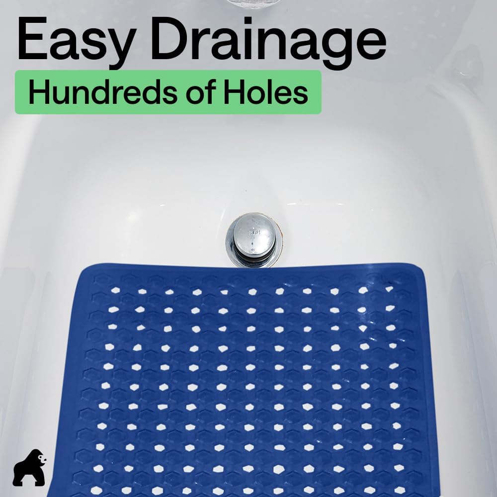GORILLA GRIP Patented Bath Tub Shower Mat, Machine Washable Bathtub Floor Liner Mats, Suction Cups and Drain Holes to Keep Tubs Clean, Soft on Feet, Bathroom Essentials, 35x16 Inch, Royal Blue Opaque