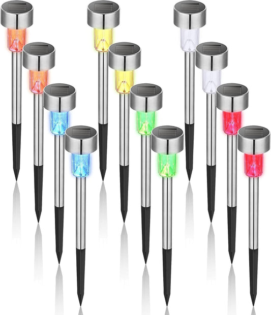 GIGALUMI Solar Garden Lights Outdoor, 12 Pack 6-Color, IP65 Waterproof Decorative Pathway Lights, Stainless Steel LED Landscape Lighting for Yard, Lawn, Walkway