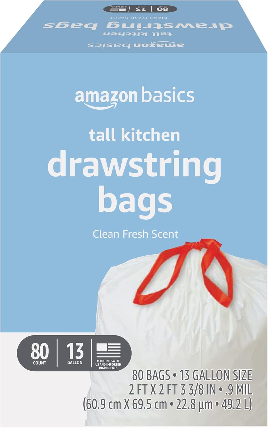 Amazon Basics Tall Kitchen Drawstring Trash Bags, Clean Fresh Scent, 13 Gallon, Odor Control, 0.9 mil Thickness, 80 Count (Previously Solimo)