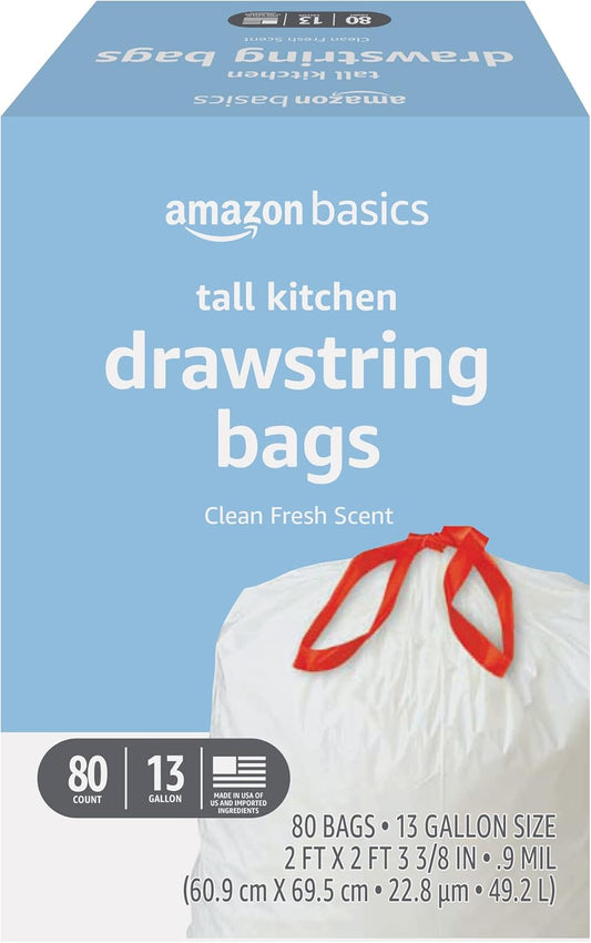 Amazon Basics Tall Kitchen Drawstring Trash Bags, Clean Fresh Scent, 13 Gallon, Odor Control, 0.9 mil Thickness, 80 Count (Previously Solimo)