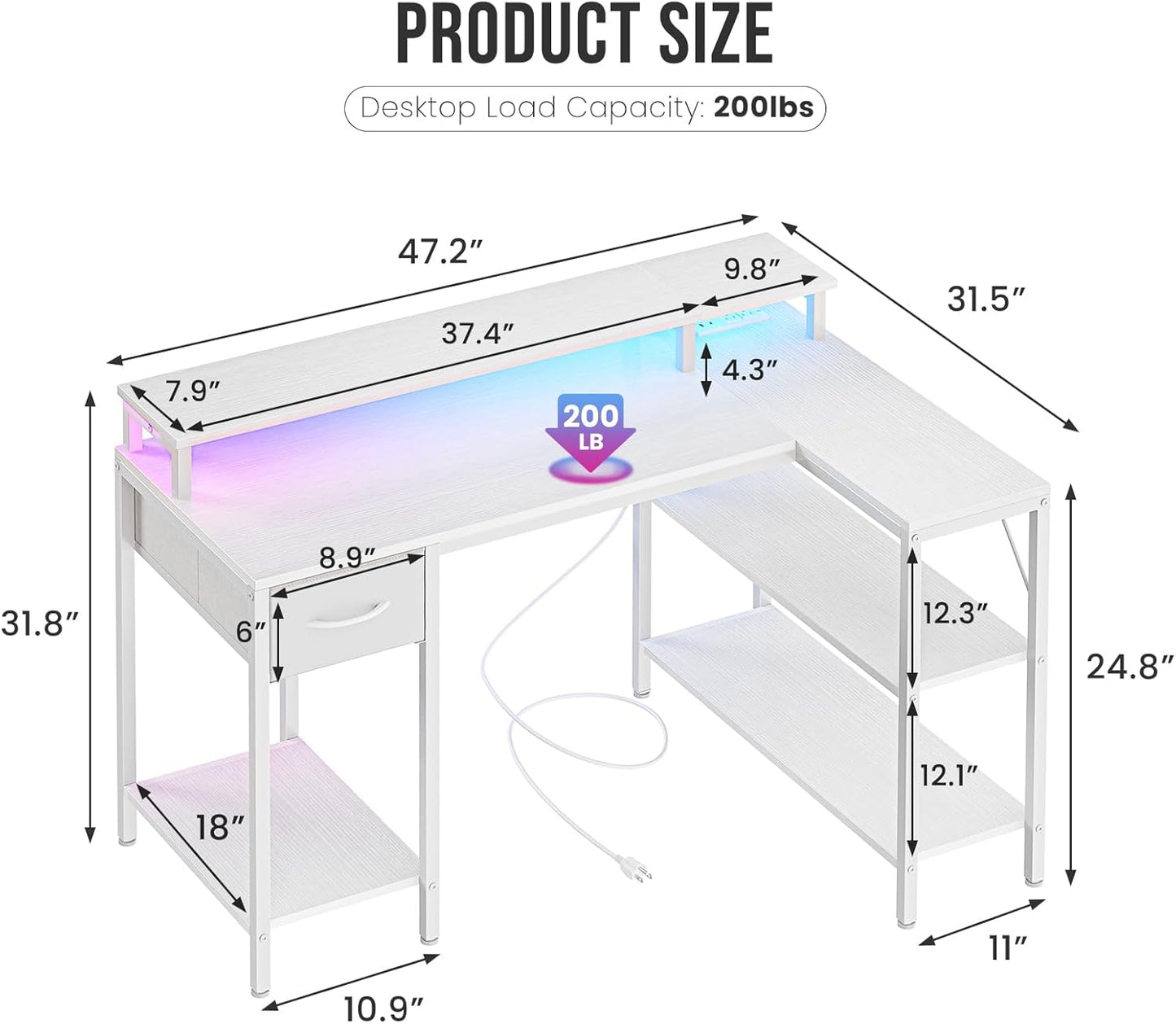 DUMOS 47" Gaming Desk with USB Charging Ports & LED Lights, Reversible L-Shaped Corner Computer Table for Small Spaces, Power Outlets, Monitor Stand & Storage Shelves Included, White