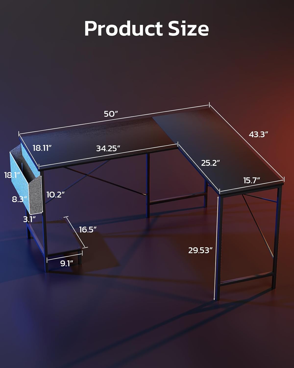 L Shaped Desk - 50" Reversible Home Office Computer Desk, Wood Top, Metal Frame, Side Bag, Sturdy Gaming Desk Corner Table for Work, Writing and Study, Space-Saving