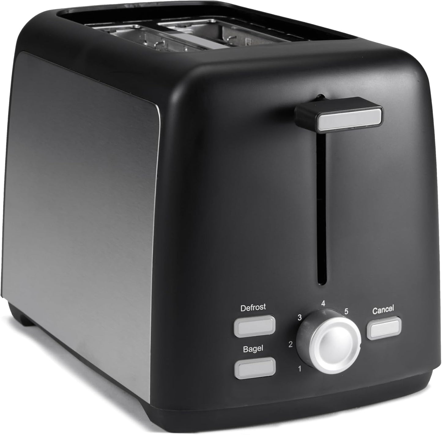 Amazon Basics 2 Slice Toaster, Extra Wide Slots for Bagels, 6 Browning Settings, Removable Crumb Tray, Defrost/Cancel/Bagel Buttons, Cord Wrap, 900W, Black & Silver