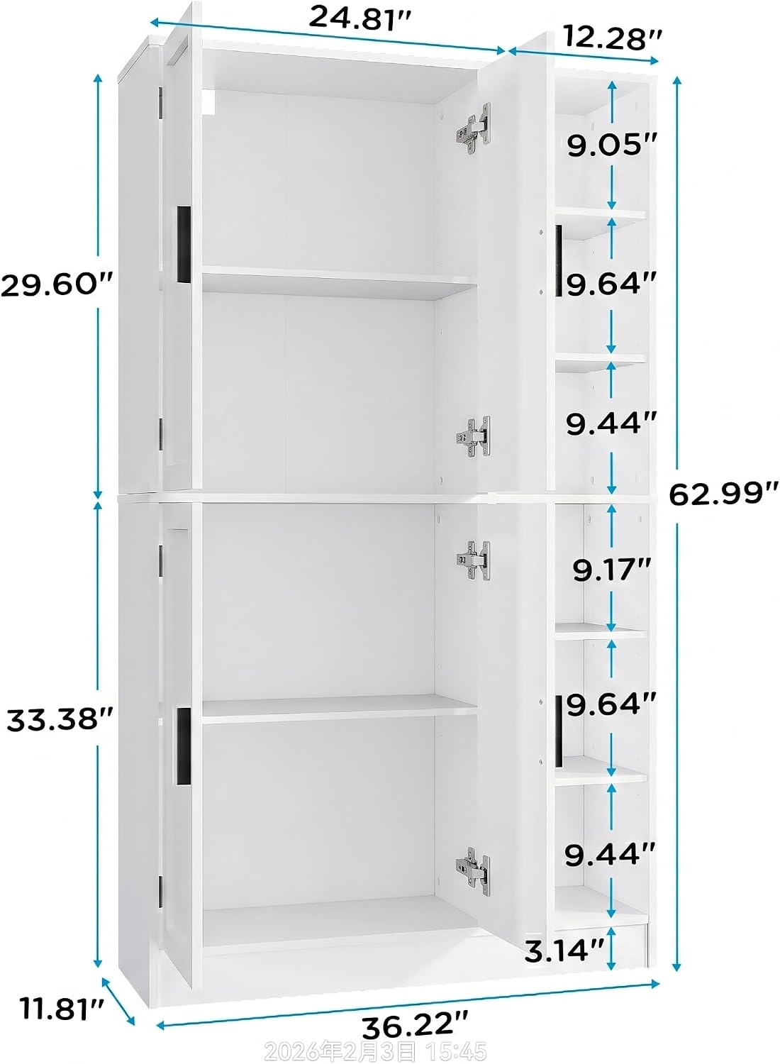 holzart 63" Tall Kitchen Pantry Cabinet, Freestanding Dining Room Storage Hutch with 4 Doors and Adjustable Shelves, Modern Utility Cupboard for Coffee Bar and Microwave, White