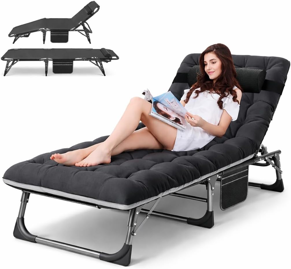 ABORON Heavy Duty Tanning Chair,Outdoor 5-Position Folding Chaise Lounge Chair with Pad,Portable Beach Lounge Chair for Outdoor Sunbathing Patio Pool Lawn Deck Poolside