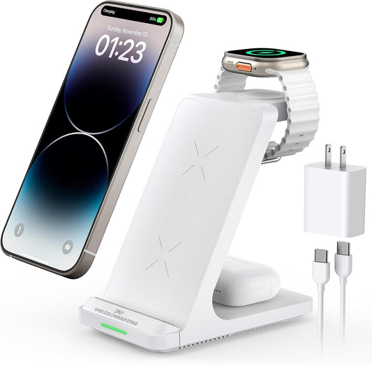 Wireless Charging Station, 3 in 1 Fast Wireless Charger Stand for Multiple Devices Apple Watch Ultra Series 11 10 9 8 7 6 SE 5 4 3 2, iPhone 17 16 15 14 13 12 11 Pro Max/Plus/Air/X/XS/XR/SE, Airpods