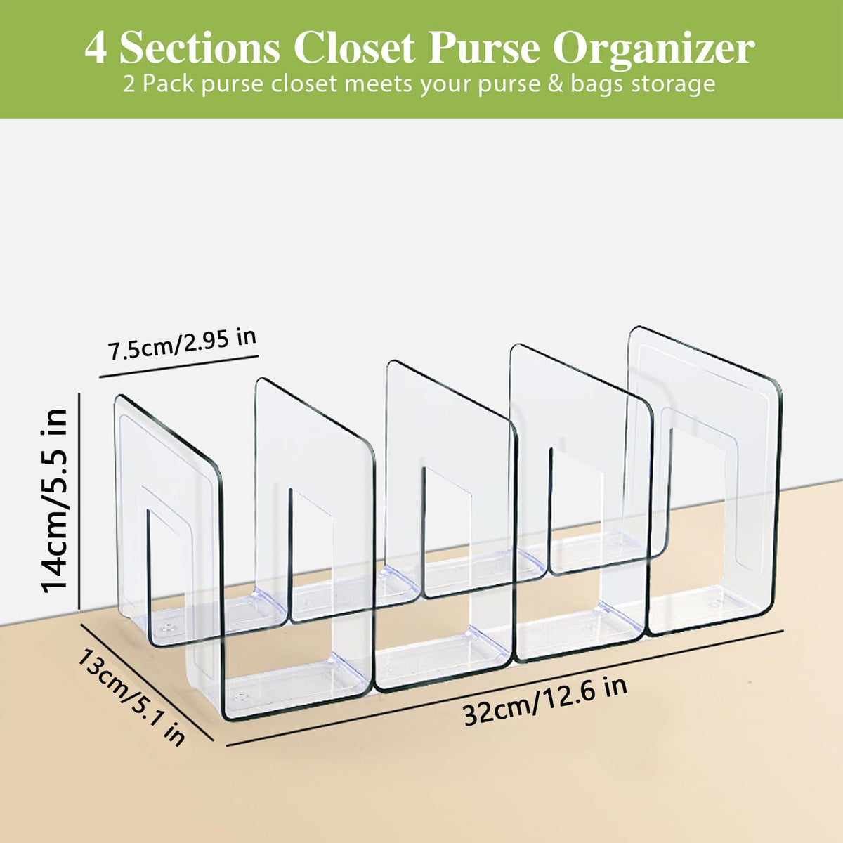 2 Pcs Purse Organizer for Closet, Acrylic Clear Purse Storage Organizers, Closet Organizers and Storage Purse Handbag Divider Holder, 4 Sections Purse Organizers Dividers in Bedroom Office (purple)