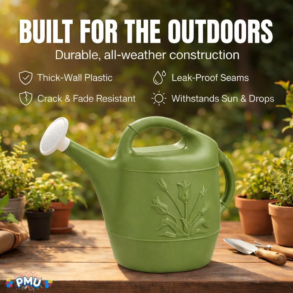 PMU 2 Gallon Watering Can - Garden Watering Can for Indoor & Outdoor Plants - Plastic Water Can with Detachable Sprinkler Head - Large Water Pot, Made in USA - Sage Green Pkg/3