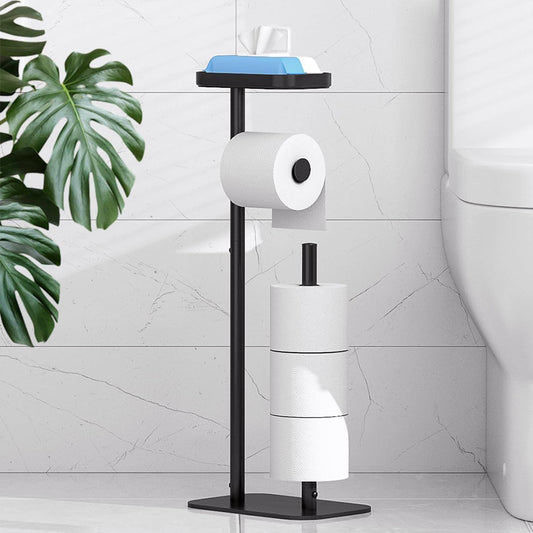 Kitsure Toilet Paper Holder Free Standing – Rustproof Metal Toilet Paper Stand for 4 Rolls with Anti-Slip Base and Shelf for Phone & Small Items, Bathroom Organizers and Storage, Medium, Black