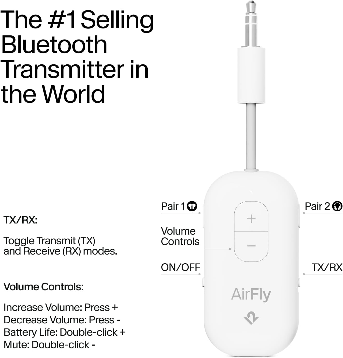 AirFly Pro 2 – Bluetooth Adapter, Pair 2 AirPods or Wireless Headphones – 3.5mm AUX Bluetooth Transmitter and Receiver for Cars, Boats, Treadmills, TVs & More – Travel Essentials,White