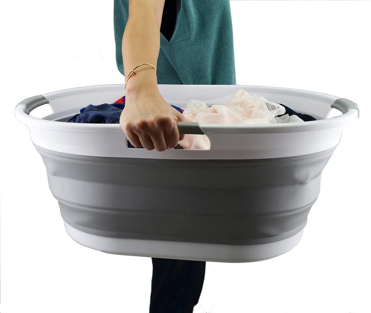 SAMMART 44L Collapsible Plastic Laundry Basket - Foldable Pop Up Storage Container/Organizer - Portable Washing Tub - Water Capacity: 35L(1, White/Grey), Size : 25.4 x 17.8 x 10.6 inches