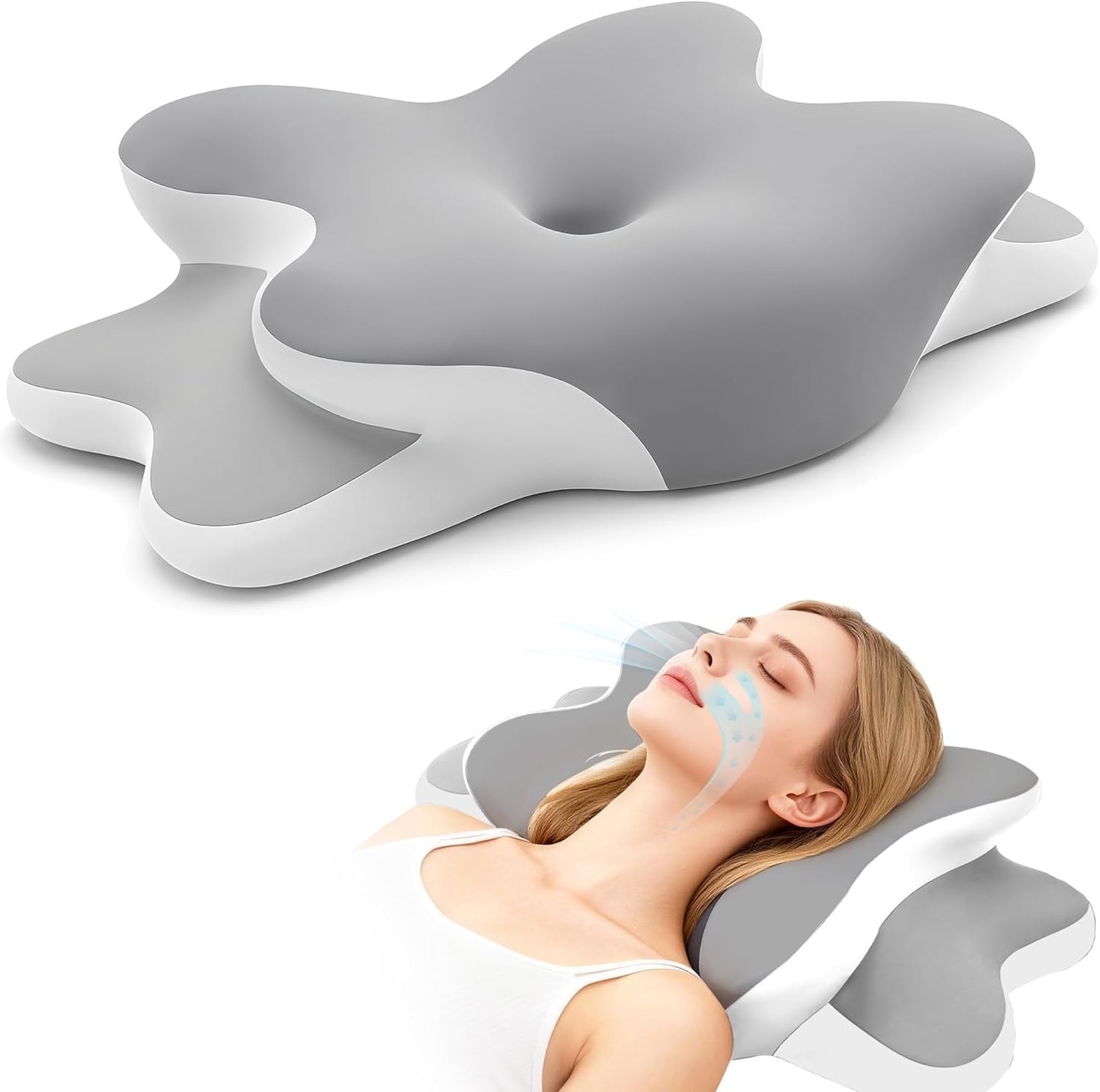 Dreams Relief Pillow,Sleep Apnea Pillow w/Neck & Snoring Relief,Orthopedic & Ergonomic Contour Cervical Memory Foam Cooling Pillow for Side Sleepers,Medium Firm Support (Grey, Queen Size)