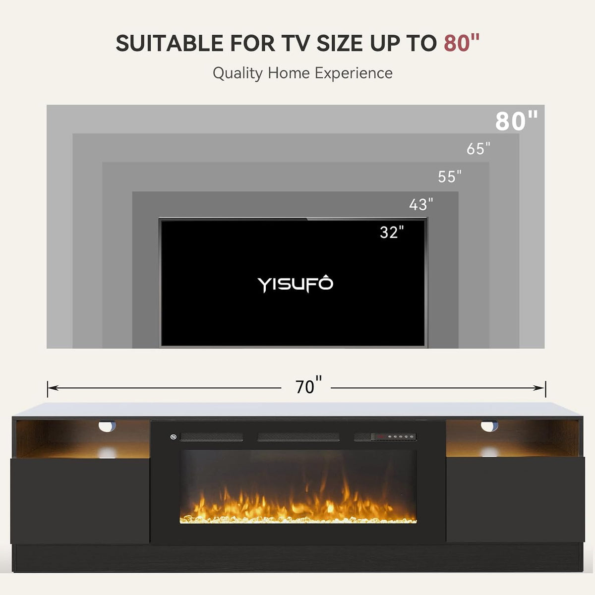 70" TV Stand with 36" Electric Fireplace, Large Modern Media Entertainment Center with Storage Cabinet and 12 Colors LED Lights for TVs Up to 80"