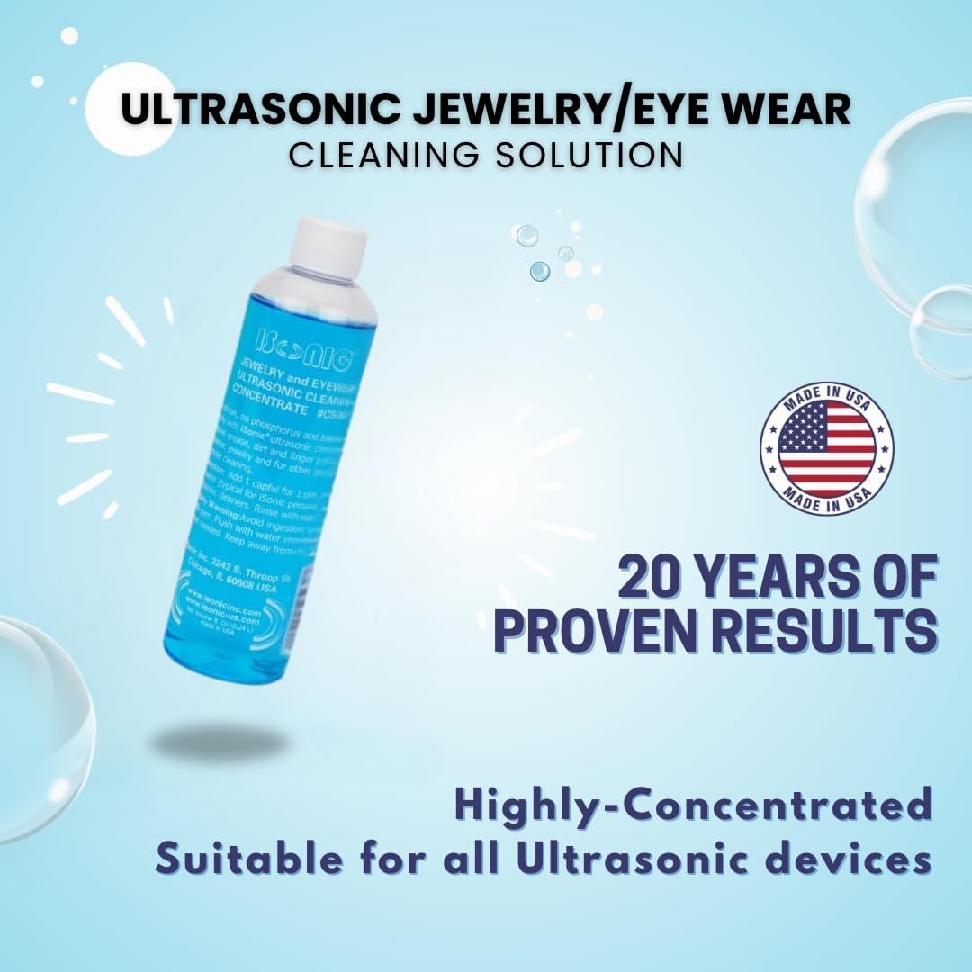iSonic Ultrasonic Jewelry & Eyeglass Cleaner Solution Concentrate - Professional Cleaning Liquid for Ultrasonic Machine - Clean Gold, Silver, Diamond, Watch, Glasses, Eye Wear, 8-oz