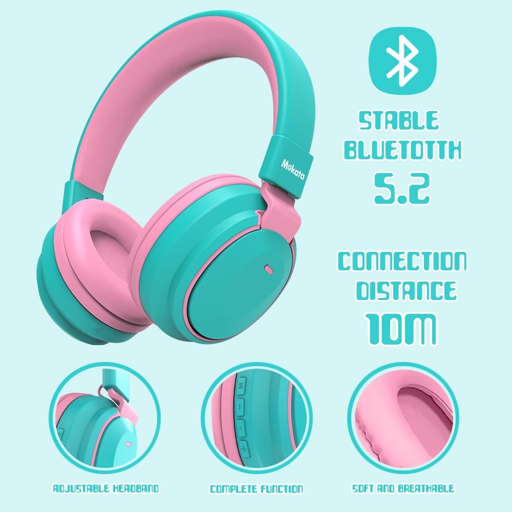 Mokata Kids Headphones Bluetooth 5.3 Wireless Lightweight Fast Charging 68 Hours Play Time Volume Limited 85/94dB Over Ear Foldable with Built-in Mic for Toddler Boy Girl Tablet Pad Cyan
