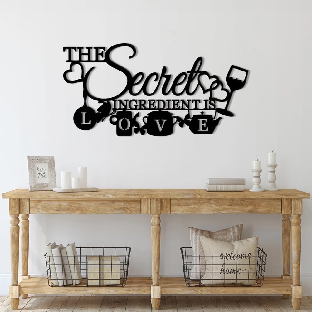 XORT The Secret Ingredient is Love Metal Wall Art Sign, Farmhouse Dining Room Kitchen Wall Decor Housewarming Gift Counter Pantry Sign. (Black -16 x 8 inch)