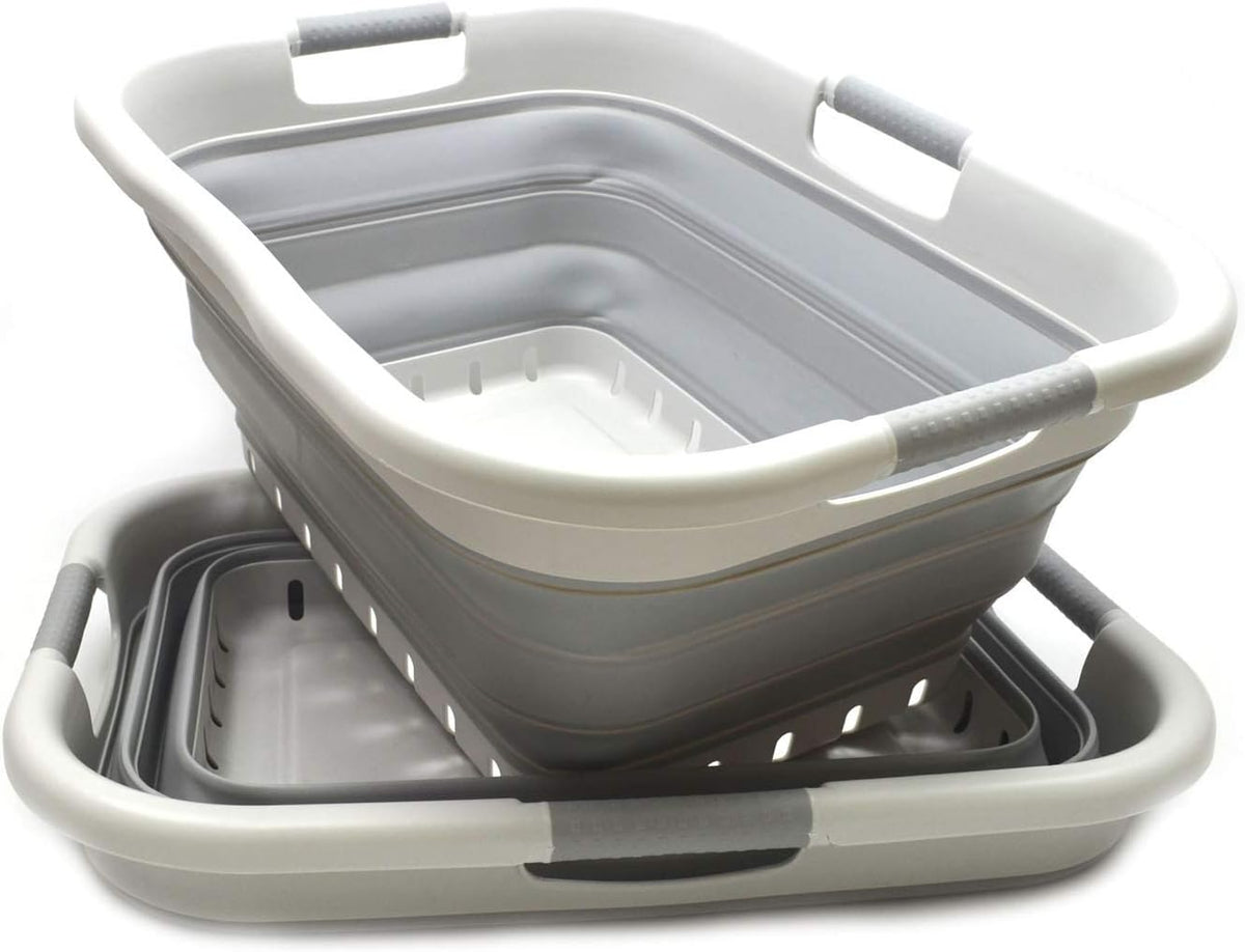 SAMMART 41L (10.8 gallon) Set of 2 Collapsible 3 Handled Plastic Laundry Basket-Foldable Pop Up Storage Container/Organizer-Space Saving Hamper/Basket (2, Grey/Grey)