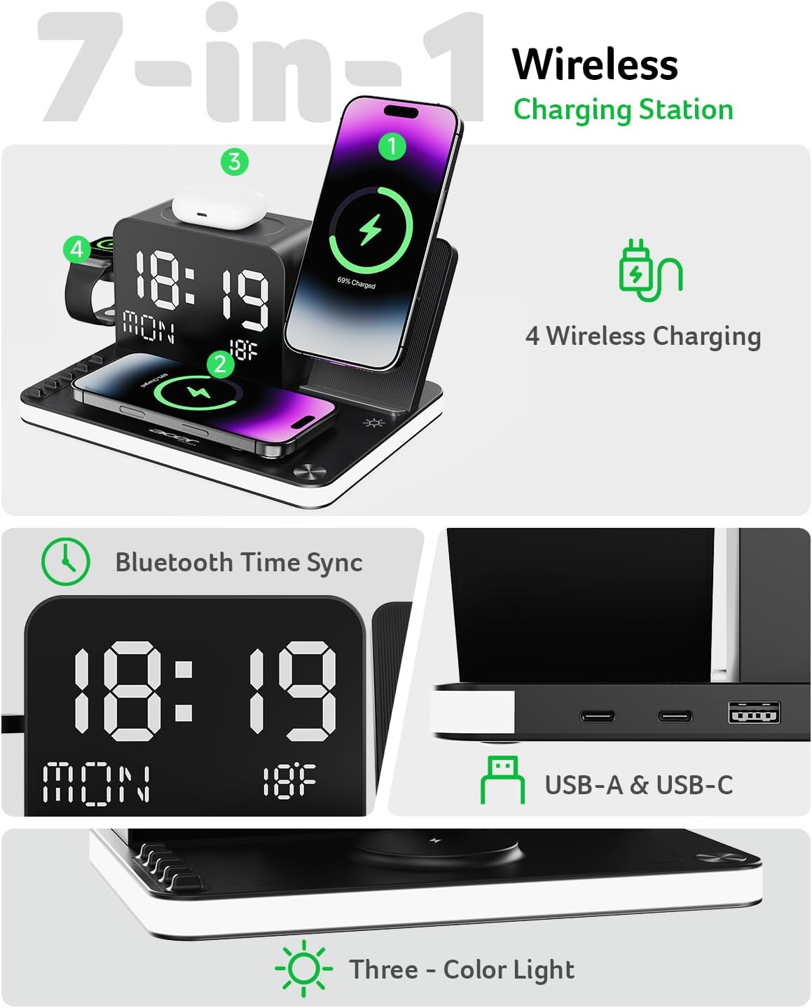 Acer Gadget 7-in-1 Wireless Charging Station Charger Stand for Multiple Devices for Apple - iPhone 17 16 15 14 13 12 Pro Max Apple Watch Airpods, Wireless iPhone Charger Station with Bluetooth TimeSyn