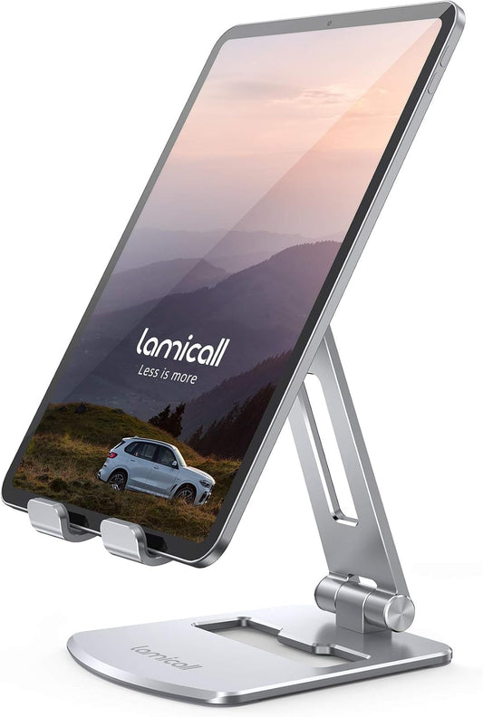 Lamicall Adjustable Tablet Stand Holder - Foldable Phone Dock, 360°Rotating Desktop Tablet Mount Gifts, for 4.7-13" Tablets, iPad Pro 11, 12.9 Air Mini, Tabs, Kindle, iPhone Air 17 Pro Max, Silver