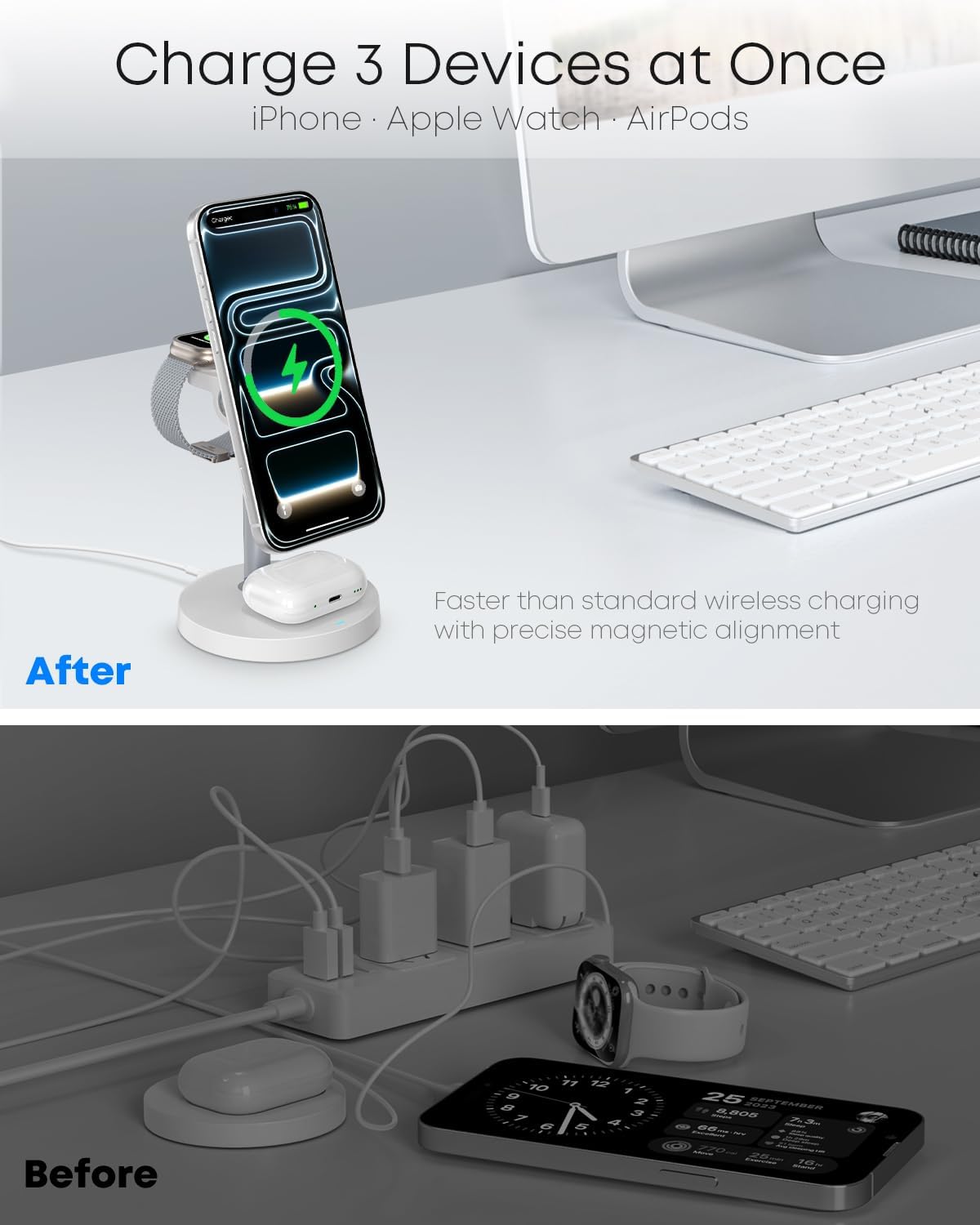 3 in 1 Magnetic Wireless Charging Station, 15W Charger for iPhone, White | Compatible with iPhone 12-17 Series, Apple Watch & AirPods, Charges 3 Devices Together, 18W Adapter Included, 3-Year Warranty