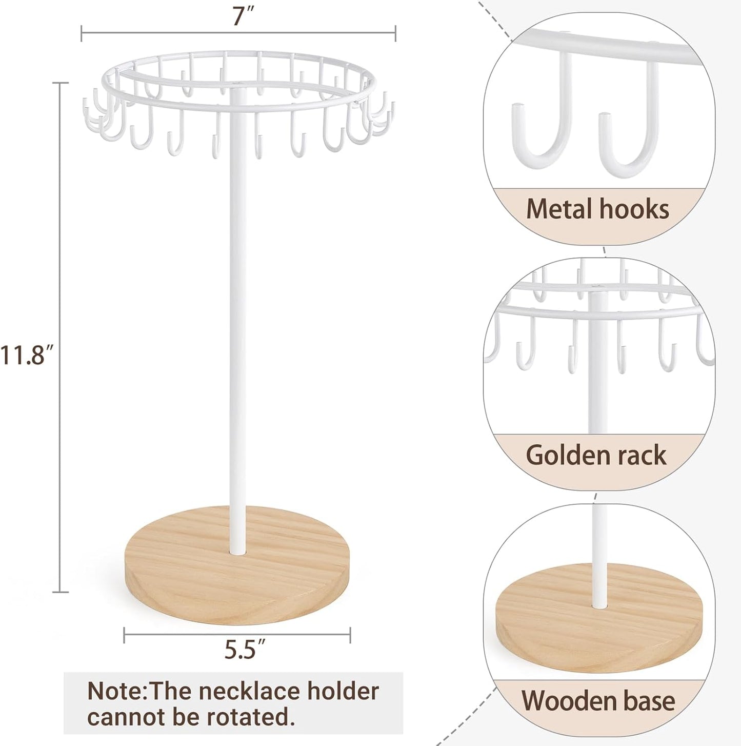Mkono Necklace Holder Metal Jewelry Display Stand Necklace Organizer with 22 Hooks for Storage and Hanging Bracelet Keychain Home Room Decor for Women,White