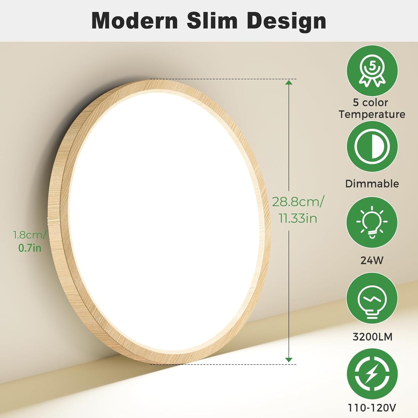 zemty 1Pack 12 inch Faux Wood LED Flush Mount Ceiling Lights, Dimmable 5 Color Temp (3000K-6500K), 24W 2400LM Bright Round Light Fixture for Livingroom Bedroom Diningroom Kitchen