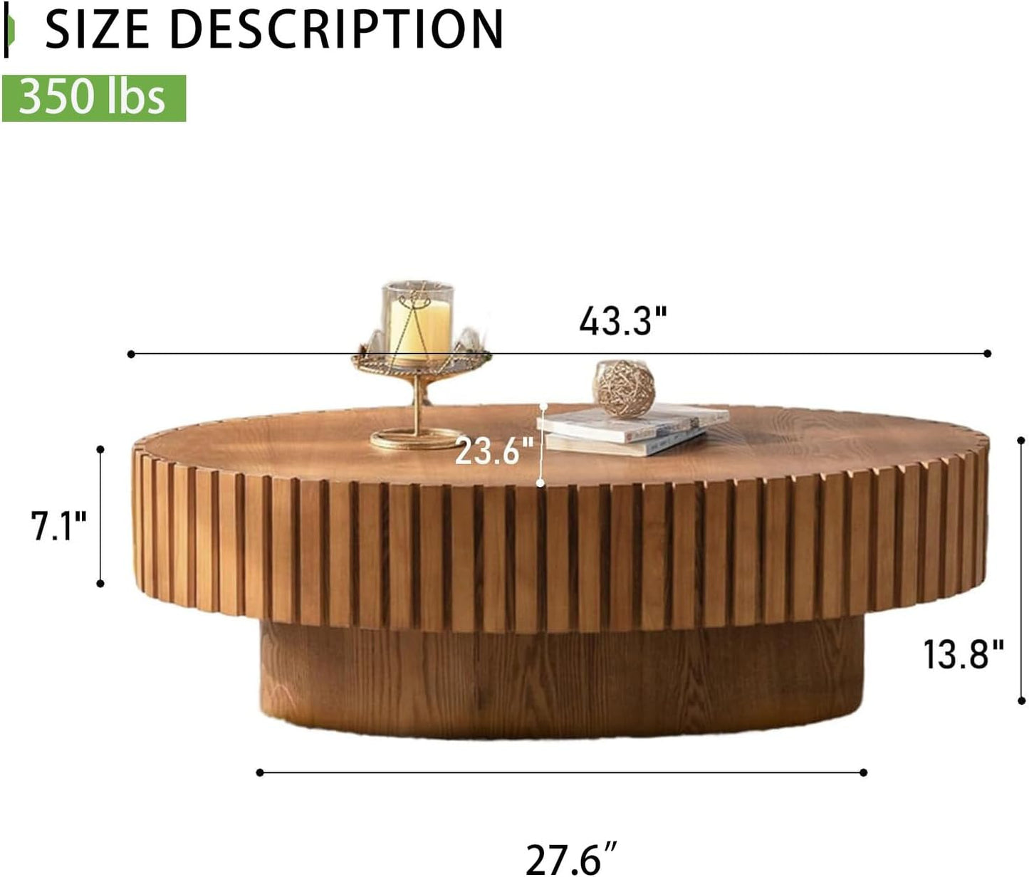 Handmade Oval Grooved Drum-Shaped Coffee Table (C Wood 43in) | Rustic Modern Circular Centerpiece for Living Room & Farmhouse Decor、Easy to Clean