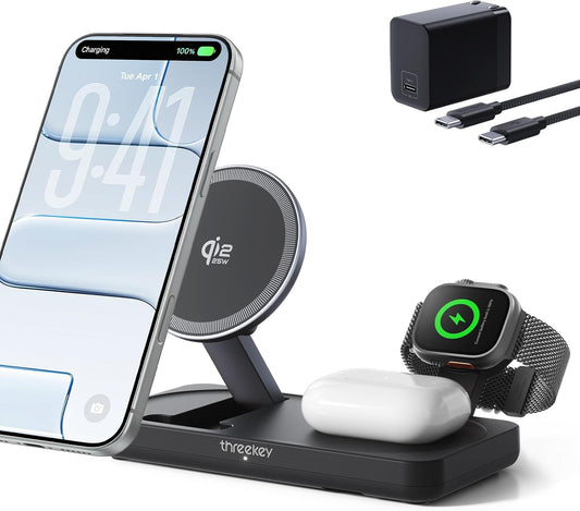 THREEKEY 3 in 1 Qi2 Wireless Charging Station, 25W Magnetic Charger with MFi-Certified Apple Watch Module for iPhone 17/16/15/14/13/12, AirPods, Pixel 10 Pro XL, 45W Adapter