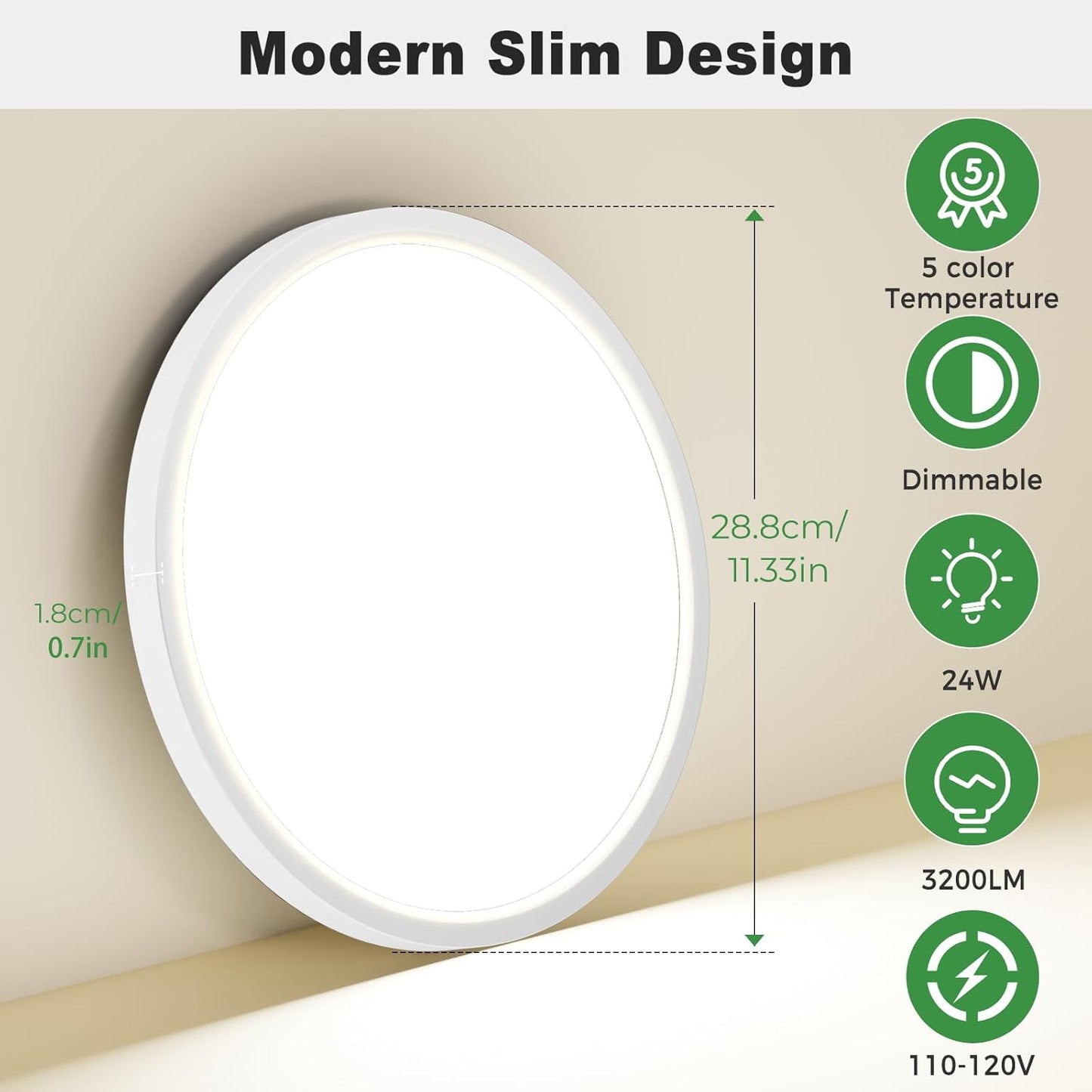 zemty 4Pack LED Flush Mount Ceiling Light, 12Inch 24W Dimmable Ceiling Lights Fixture, 5 Color Temperatures (3000K-6500K) White Round Ceiling Lamp for Bedroom, Kitchen, Hallway,Bathroom