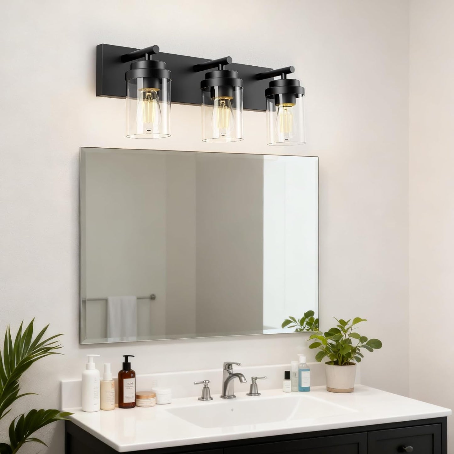 IZORRO Bathroom Vanity Light Fixture, 3-Light 22 Inch Matte Black Bathroom Light Fixtures Over Mirror, with Clear Glass Shade, Modern Farmhouse Vanity Lights, Rustic Restroom Lighting Fixtures