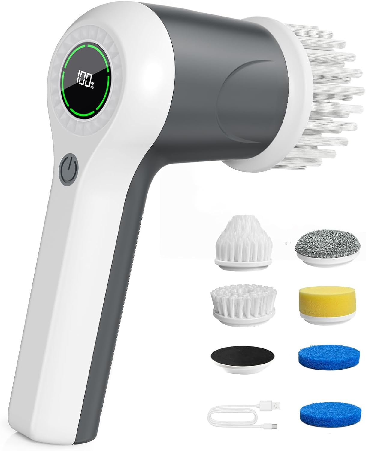 PUFTEM Electric Spin Scrubber, Cordless Shower Scrubber with Battery Level Display, 2 Speeds Electric Scrubber for Cleaning with 6 Replaceable Heads, Cleaning Brush for Bathroom/Sink/Window