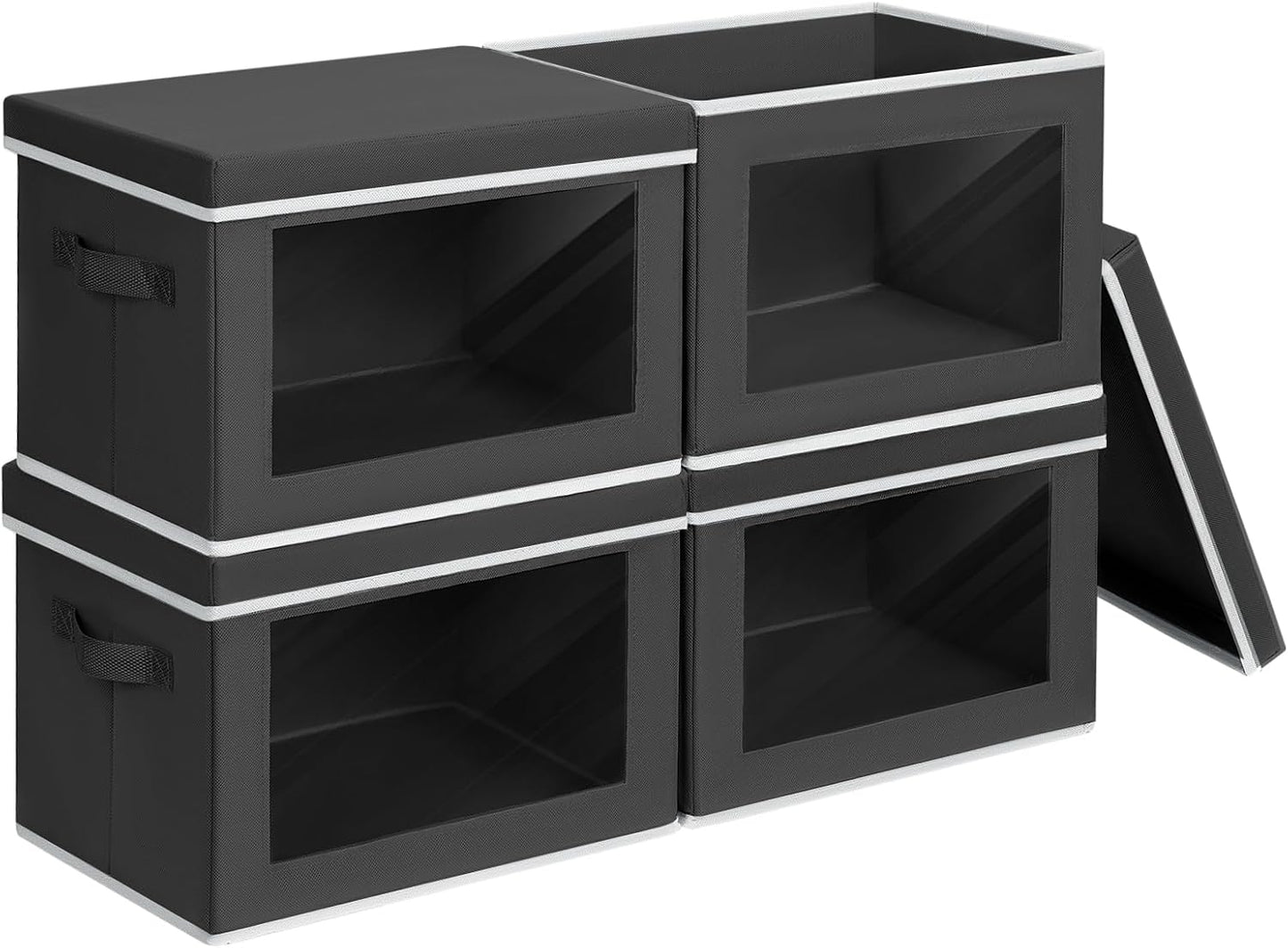 Homsorout Storage Boxes with Lids - 4 Pack Fabric Clear Window Storage Bins, Large Decorative Storage Bins with Handles, Linen Closet Organizer for Clothes, Towel, Blanket, Black