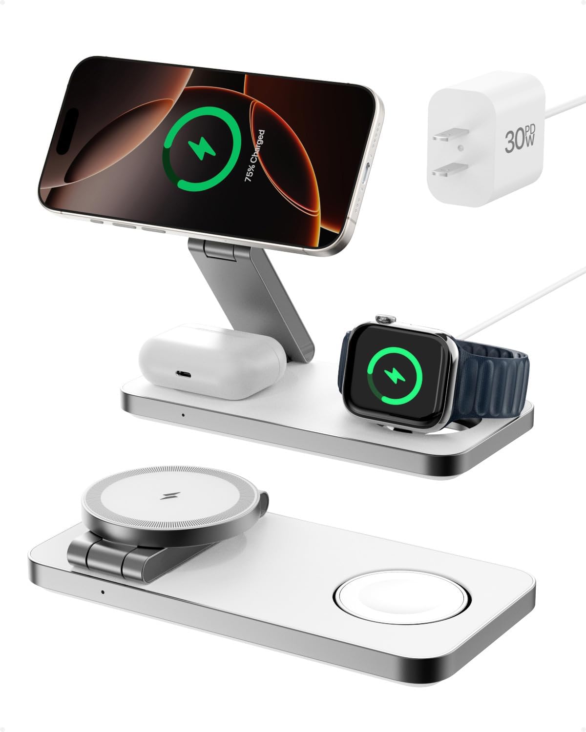 3-in-1 Foldable Wireless Charging Station,15W Qi2-Certified Wireless Charger for Magsafe iPhones,3 in 1 Magnetic Charger Stand for iPhone 16/15/14/13/12, Apple Watch & AirPods.(Wht)