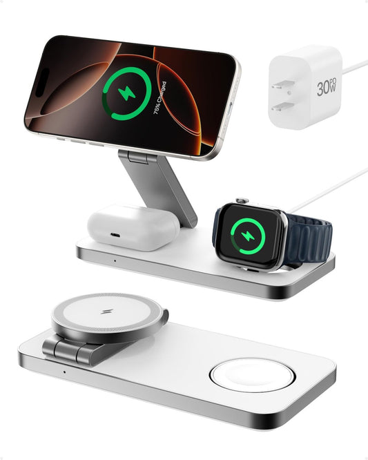 3-in-1 Foldable Wireless Charging Station,15W Qi2-Certified Wireless Charger for Magsafe iPhones,3 in 1 Magnetic Charger Stand for iPhone 16/15/14/13/12, Apple Watch & AirPods.(Wht)